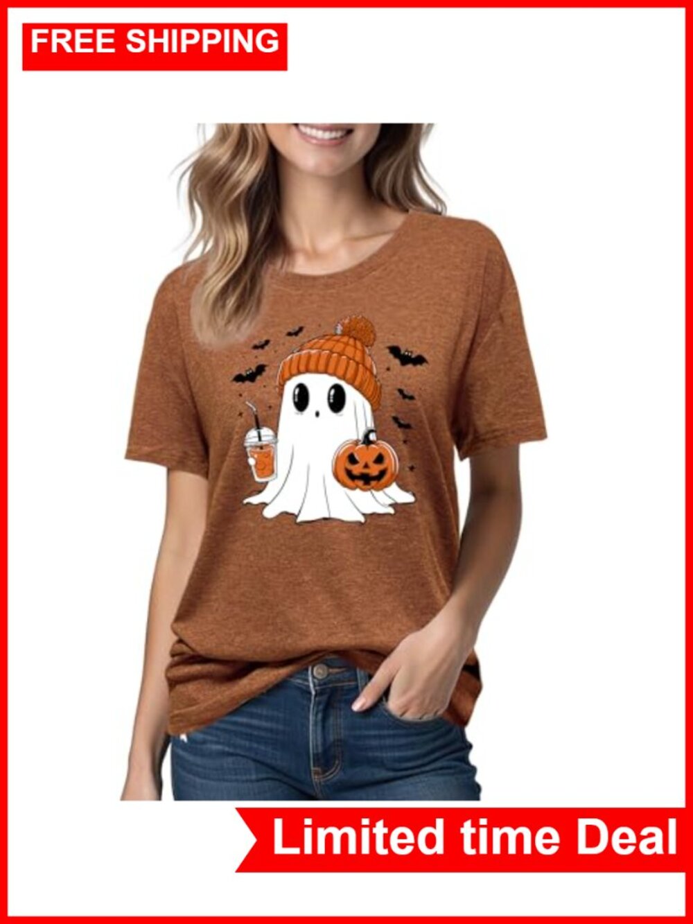 Women's Halloween Pumpkin Ghost T-Shirt Short Sleeve Crew Neck Cotton Blend